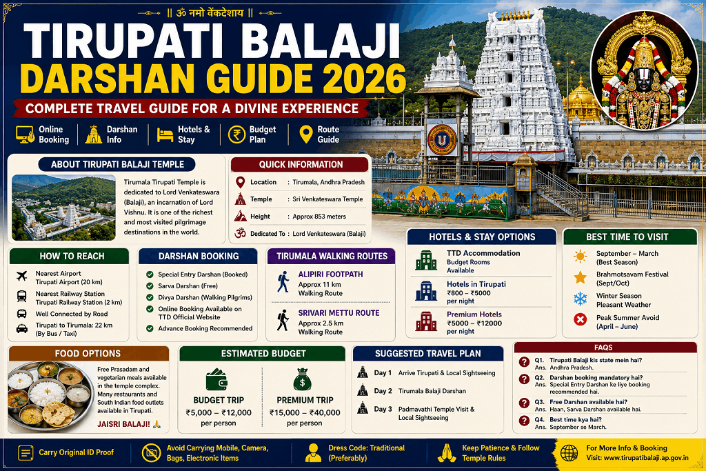 Tirupati Balaji Darshan Guide 2026 – Online Booking, Route, Hotels & Budget