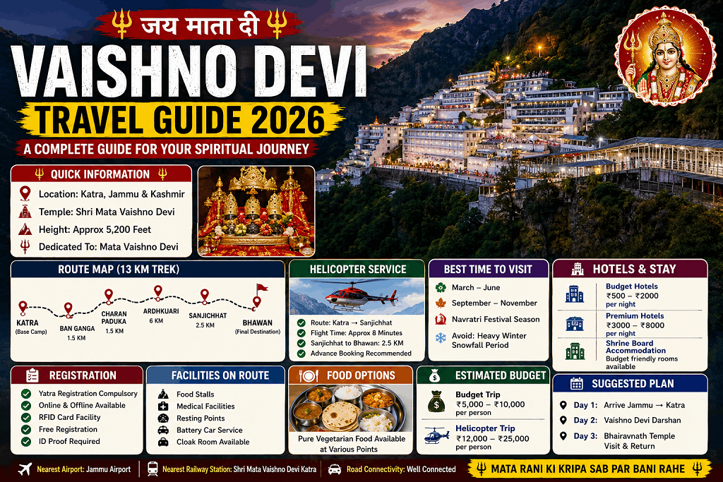 Vaishno Devi Travel Guide 2026 – Registration, Route, Helicopter, Hotels & Budget