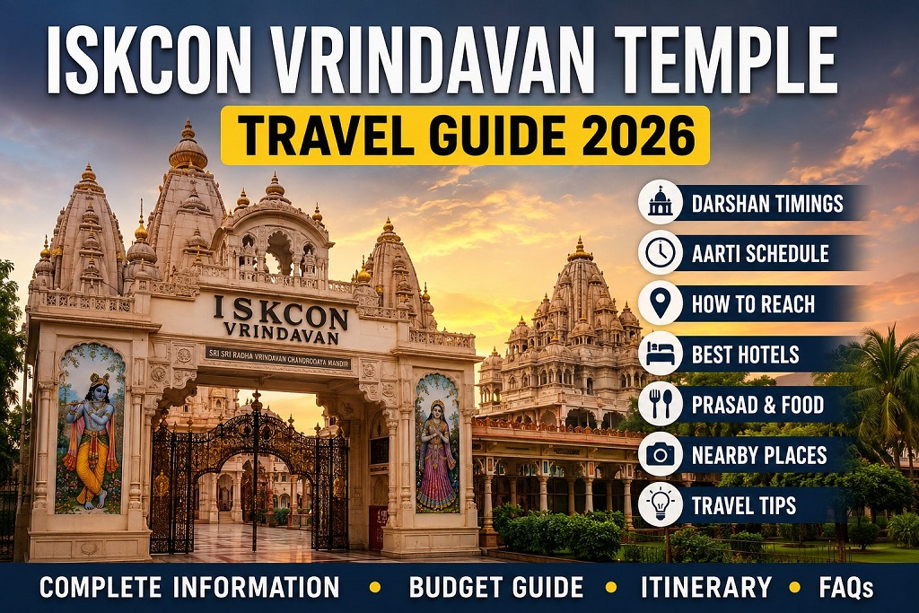 ISKCON Vrindavan Temple Travel Guide 2026 with darshan timings, aarti schedule, history, route, hotels, prasadam and nearby places