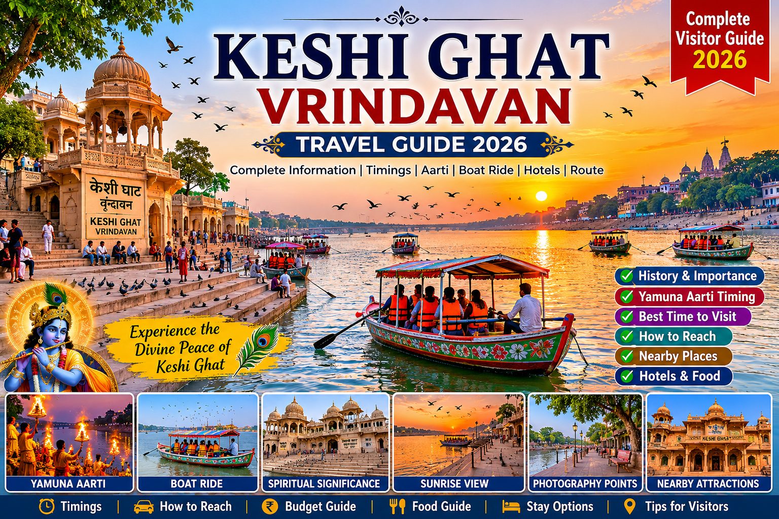 Keshi Ghat Vrindavan Travel Guide 2026 featuring the sacred Yamuna riverfront, Krishna Leela, Yamuna Aarti, boat ride, history, timings and complete visitor guide