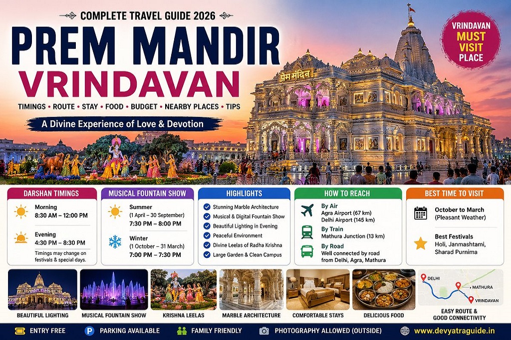 Prem Mandir Vrindavan Travel Guide 2026 – Darshan Timings, Musical Fountain Show, Route, Hotels and Budget