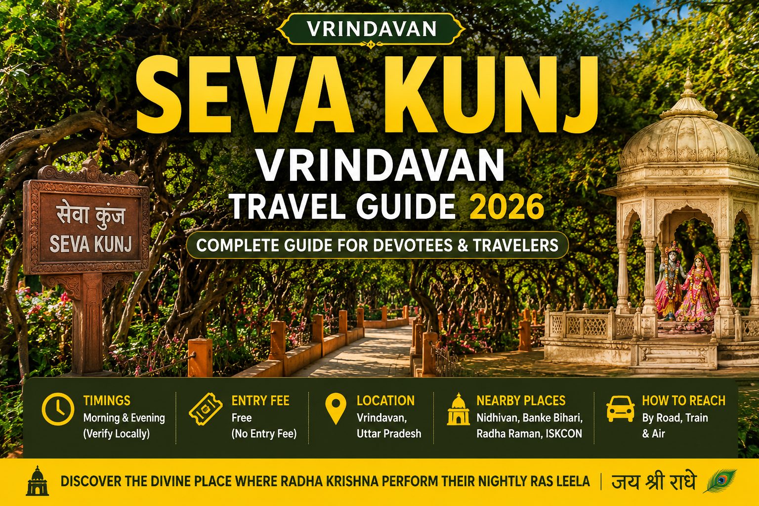 Seva Kunj Vrindavan Travel Guide 2026 featuring the sacred garden of Radha Krishna, history, timings, entry details, route and complete visitor guide