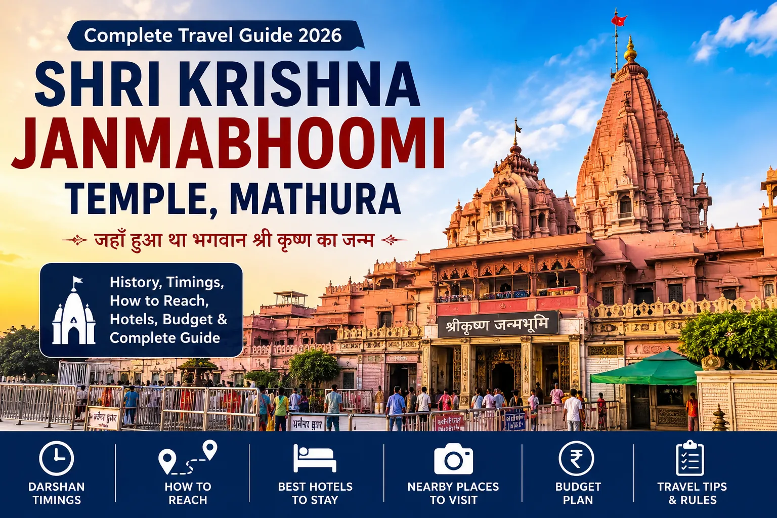 Shri Krishna Janmabhoomi Temple Travel Guide 2026 featuring the sacred birthplace of Lord Krishna in Mathura with darshan timings, history, security rules, route and complete visitor guide