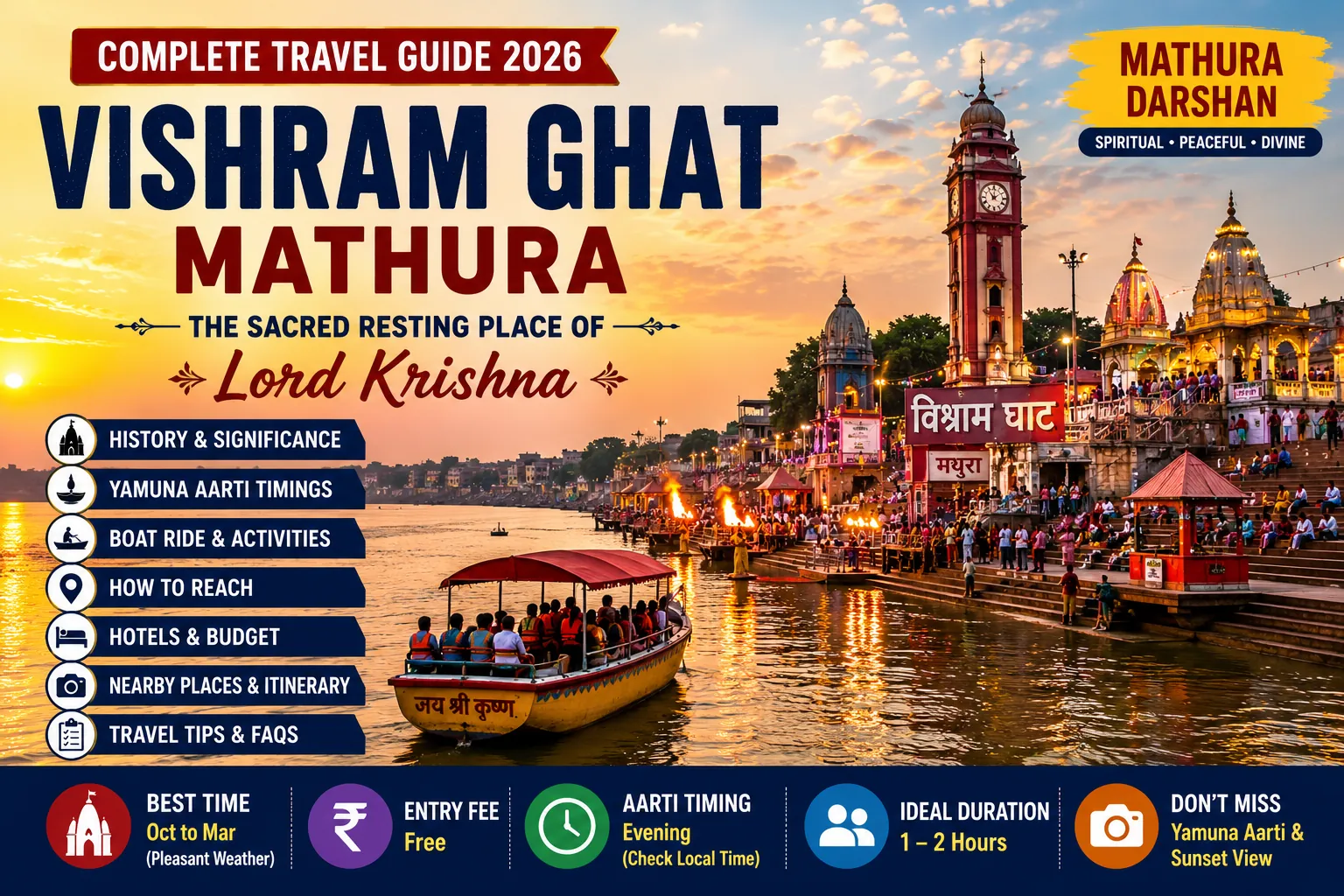 Vishram Ghat Mathura Travel Guide 2026 featuring the sacred Yamuna riverfront, evening Yamuna Aarti, boat ride, history, timings and complete visitor guide